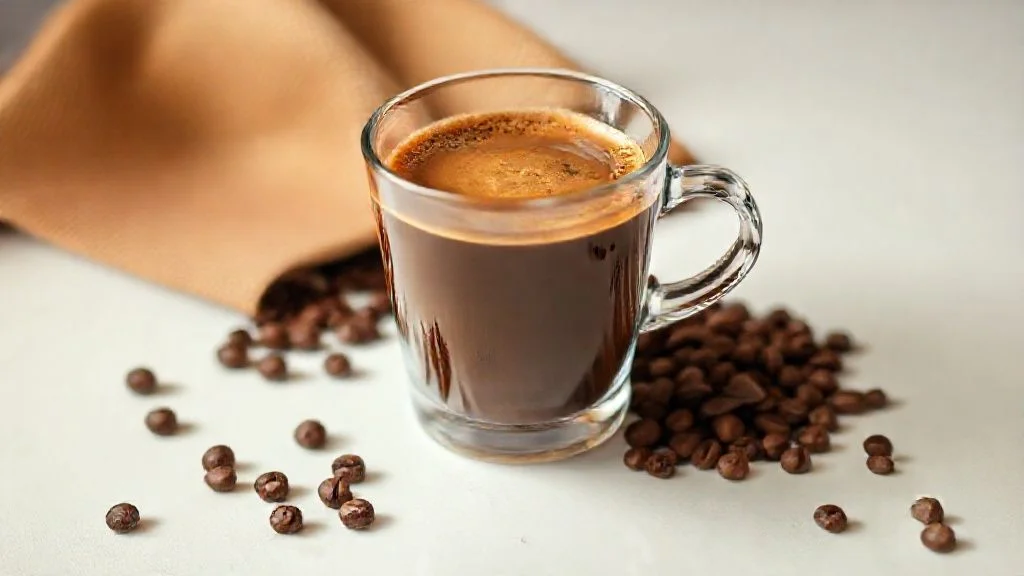 Ultra-realistic close-up of deeply roasted arabica coffee beans in a glass bowl with ethereal reflections, subtle steam from a cup in the background, conveying luxury and serenity.