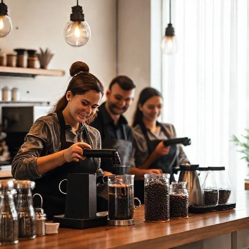 A composed, clean, and symmetrical abstract coffee-themed bust or sculpture crafted from polished dark wood, representing a stylized coffee bean with intricate grain. Elegantly arranged on a minimal, pastel plinth with subtle glassmorphic sheen and reflections, conveying expertise and artistic dedication.