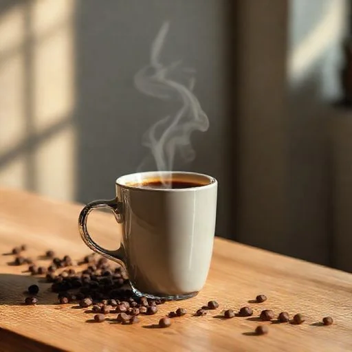A close-up of a vintage-style coffee measuring scoop filled with whole roasted beans, resting on a textured, aged wooden surface. The lighting is warm and directional, emphasizing the antique feel and the raw beauty of the beans. The background is softly blurred, focusing on the craftsmanship and tradition. No human elements.