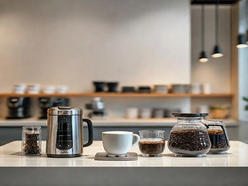 A dynamic, abstract, and highly textured shot of dark, rich coffee being poured with artistic flair into a delicate, clear glass cup, creating mesmerizing swirls and distinct layers of crema and liquid. The background is a soft, pastel gradient (e.g., #F5F0EA blending to #C1A28A) with subtle, organic, flowing patterns. High contrast and sharpness emphasize the liquid's movement and texture, evoking rich flavor and sensory delight. The image is cropped to an intriguing asymmetrical shape.