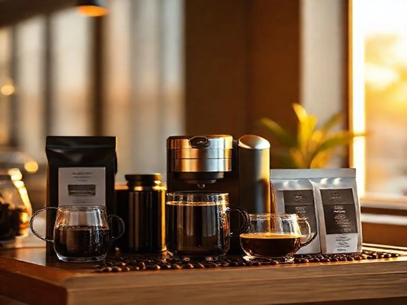 A sophisticated, high-angle close-up of three different roasted coffee beans (light, medium, dark) arranged in a subtly curving, organic line on a pastel-toned, textured surface. Each bean shows distinct cracks and oil sheen, with soft, diffused lighting highlighting their textures. The background is a soft blur of warm coffee tones, emphasizing the roasting process. No human presence.