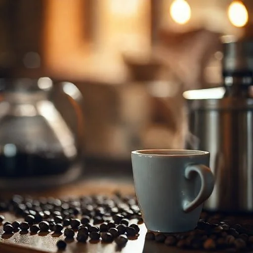 A warm, candid, slightly vintage-toned image focusing on skilled hands (cropped to show only hands and forearms) meticulously sorting vibrant green coffee beans on a rustic, polished wooden table. The background shows blurred sacks of beans and soft, natural light filtering in from a window, creating an inviting atmosphere that emphasizes human touch, tradition, and meticulous craftsmanship. The focus is on the textures of the beans and wood.