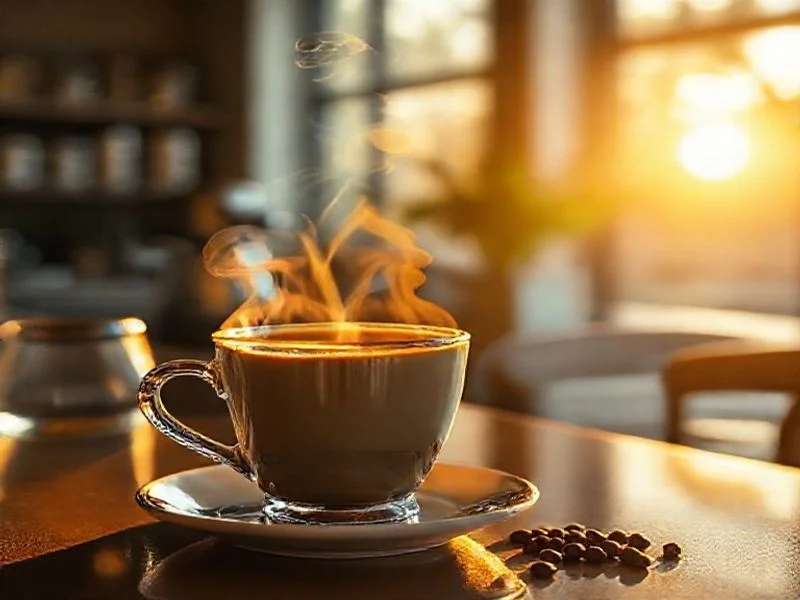 A serene, slightly vintage-filtered, wide-angle image of rolling green coffee plantations at dawn, shrouded in a gentle mist that softens the edges of the distant hills. Focus on the vibrant, dew-kissed leaves of the coffee plants and the rich, fertile soil, suggesting purity, organic growth, and untouched origin. The lighting is soft and warm, emphasizing natural beauty and tranquility. Organic shapes of the landscape are prominent.