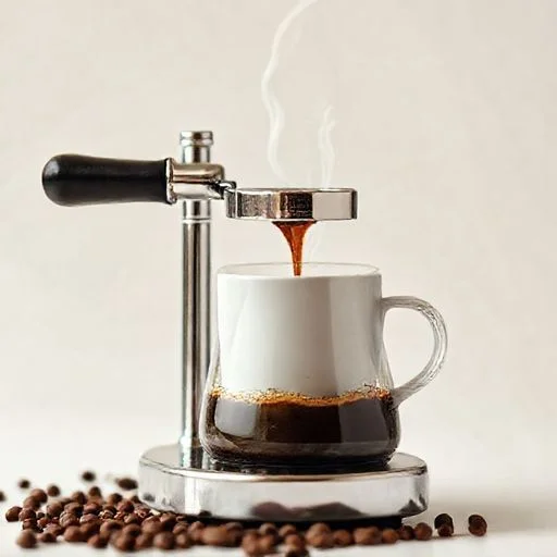 A sophisticated, perfectly symmetrical flat lay composition on a textured, pastel-toned surface. Featured items include a gleaming stainless steel V60 dripper, a sleek hand coffee grinder, a precise digital scale, and a small, elegant scoop of freshly ground coffee. All elements are arranged with mathematical precision, bathed in soft, diffused studio lighting, with subtle glass reflections off the tools, conveying craftsmanship and attention to detail. The background has a subtle vintage texture overlay.