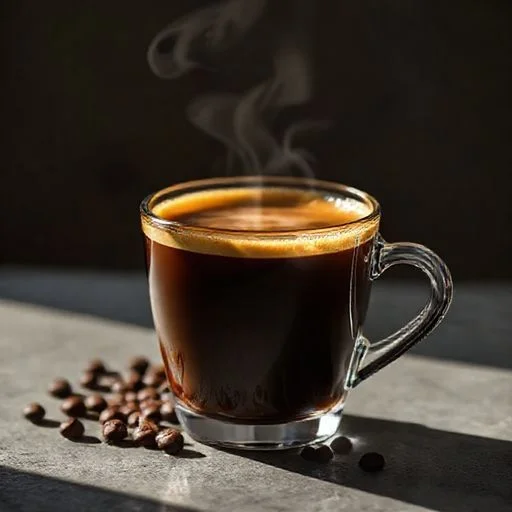 An elegant still life composition of a minimalist coffee setup: a sleek, black ceramic mug, a polished silver spoon, and a small, perfectly round cookie on a pastel-toned wooden tray. Soft, even lighting creates gentle shadows and highlights the clean lines and textures, conveying calm and sophistication. No human presence.
